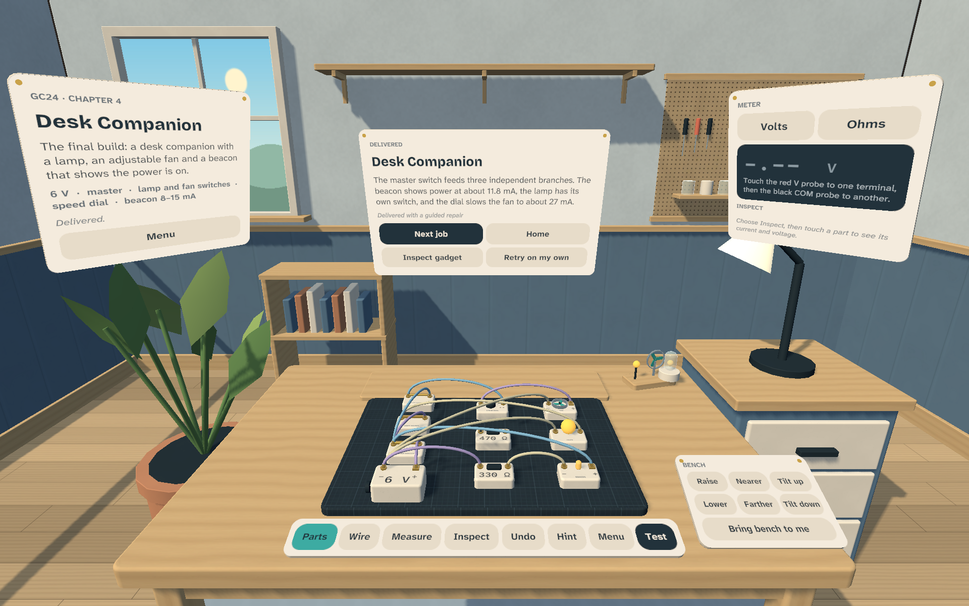 The playable workshop with job card, meter and circuit-building controls