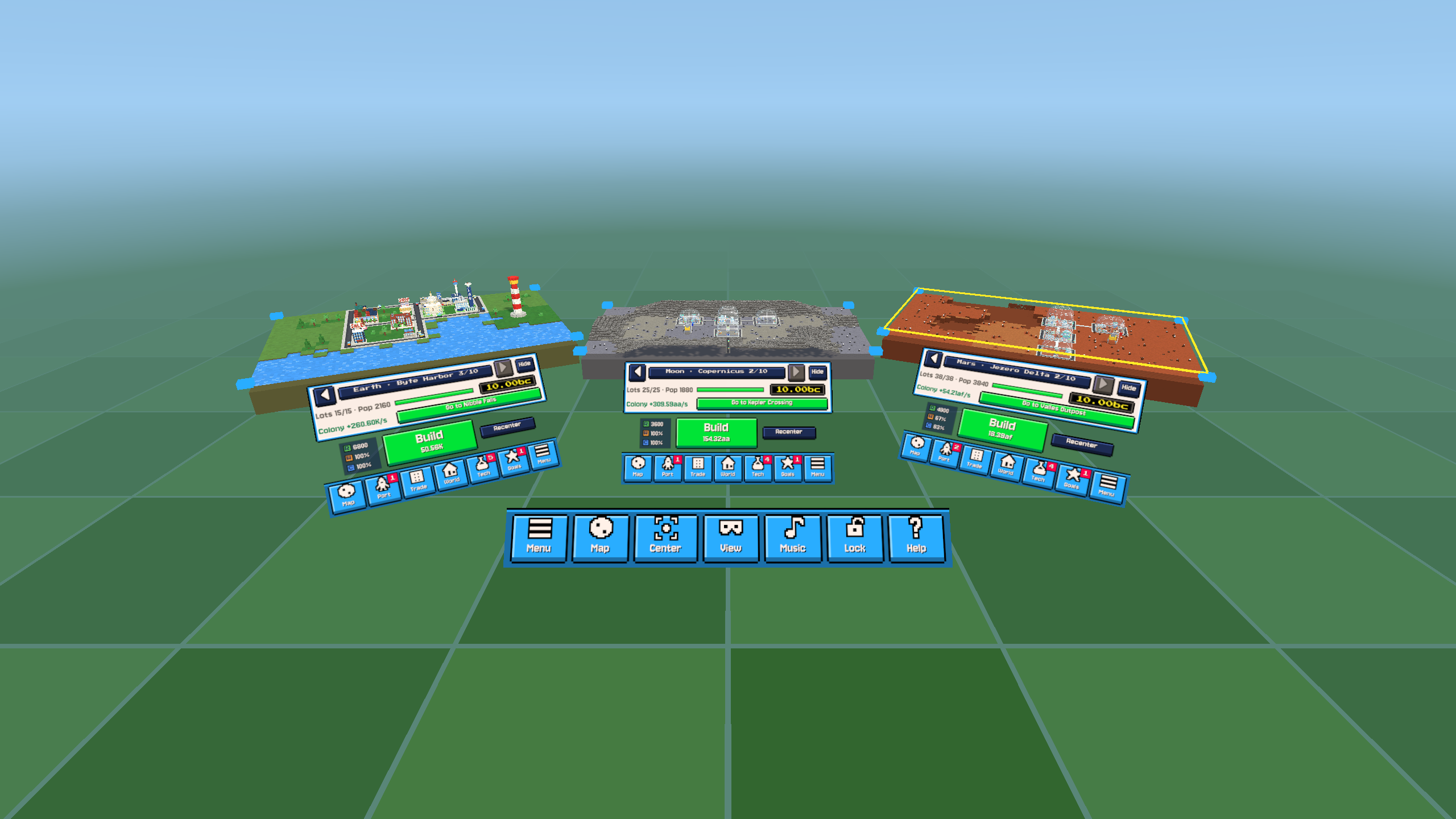 Three miniature Earth, Moon and Mars colonies with their management controls in the VR workspace