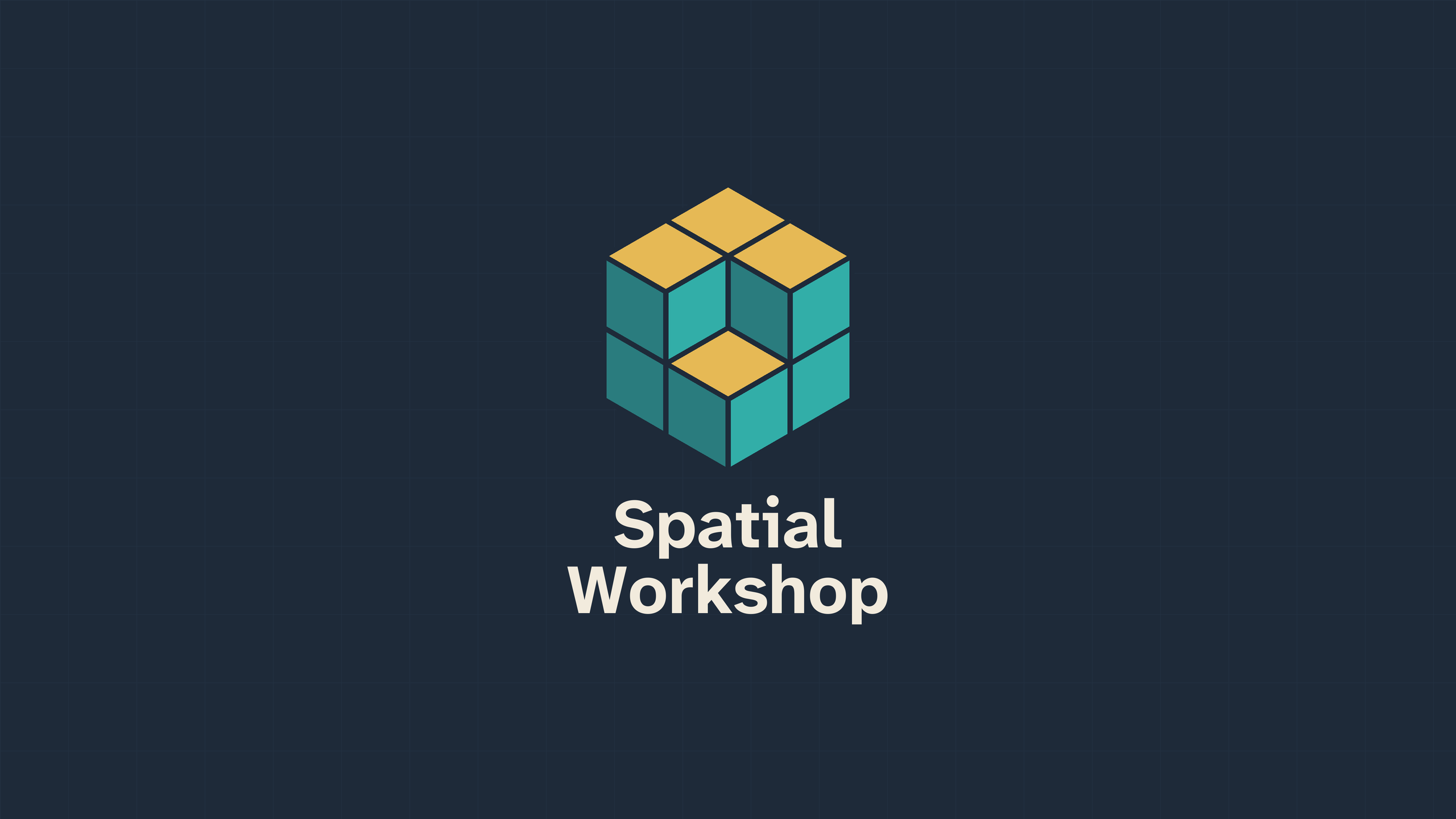 Spatial Workshop's teal and gold cube mark and title on a workshop-blue grid.