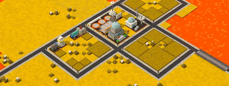 A colony on Io's yellow sulfur plains beside an orange lava flow