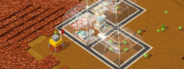 Glass domes on red Martian rock, half terraformed with green shoots